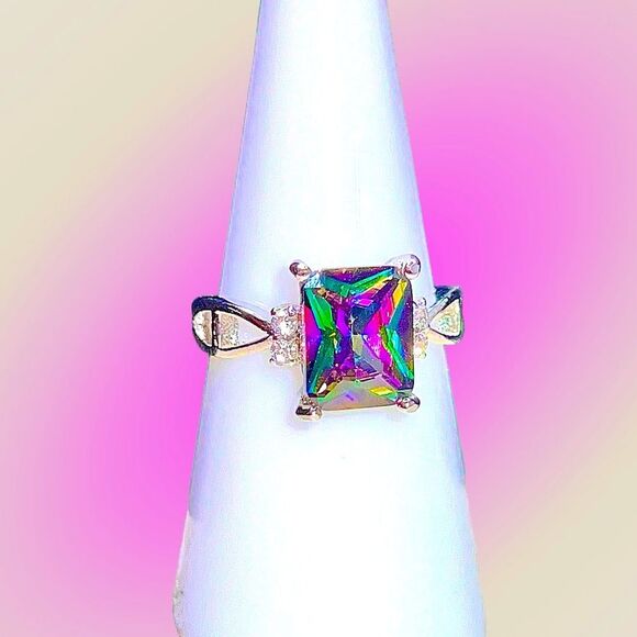 New Exclusively Fancy Mystic Rainbow .925 Sterling Silver Cushion Cut Ring w CZ - Picture 5 of 7